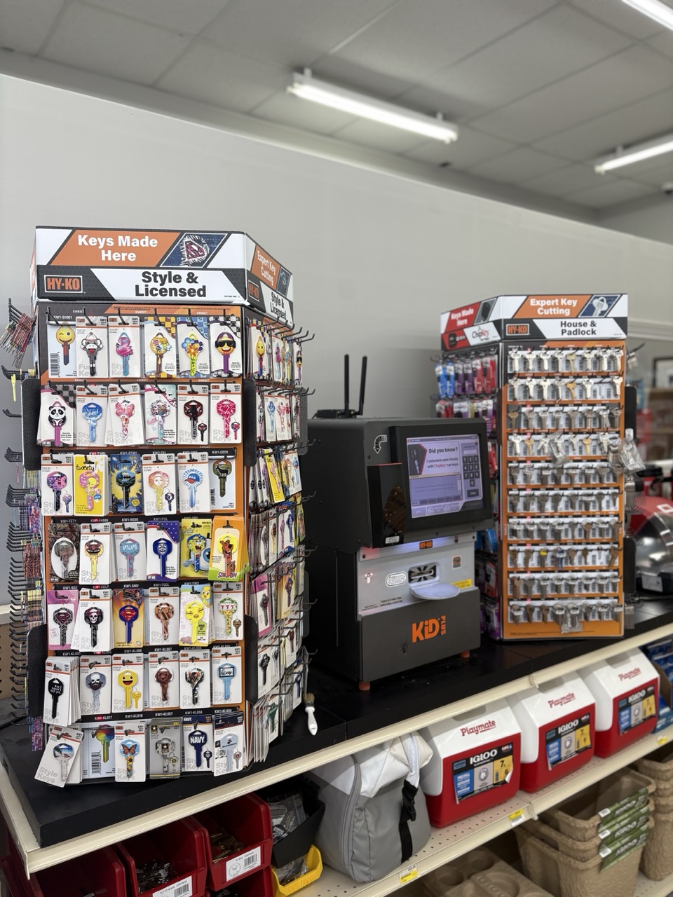 Key cutting station and key wall at Franklinville Hardware